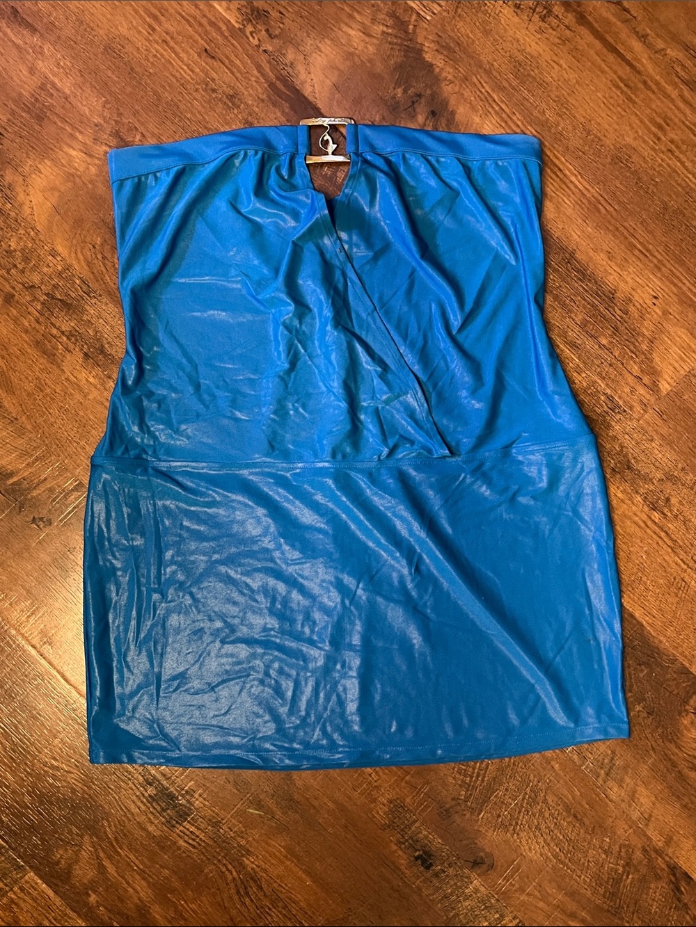 Y2K Baby Phat Blue Metallic Strapless Mini Dress with Gold Accent